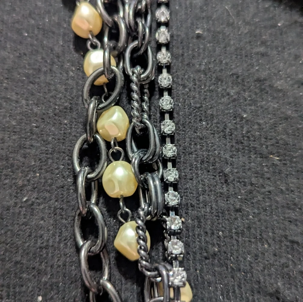 Gunmetal Black Cream Faux Pearl Clear Rhinestone Statement Waist Chain Belt
